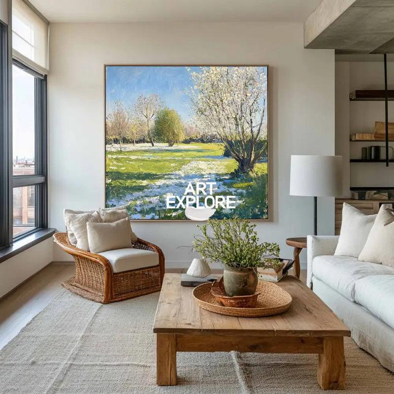 Modern Green Backyard Painting Green Sunny Garden Wall Art Large Green Landscape Canvas Art For Sale