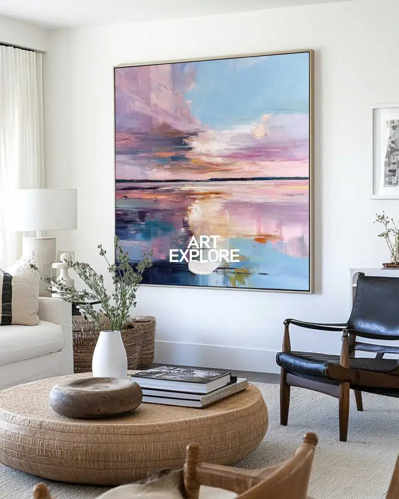 Large Blue Lake Wall Art Texture Wonderland Wall Art Modern Minimalist Landscape Painting For Sale