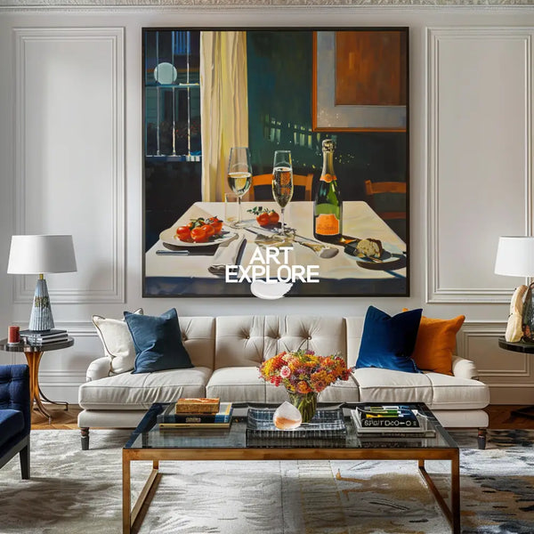 Modern Romantic Candlelight Dinner Canvas Wall Art Social Realism Mid Century Decorations