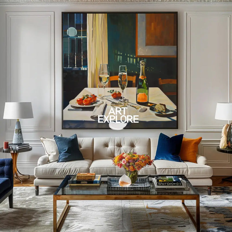 Modern Romantic Candlelight Dinner Canvas Wall Art Social Realism Mid Century Decorations