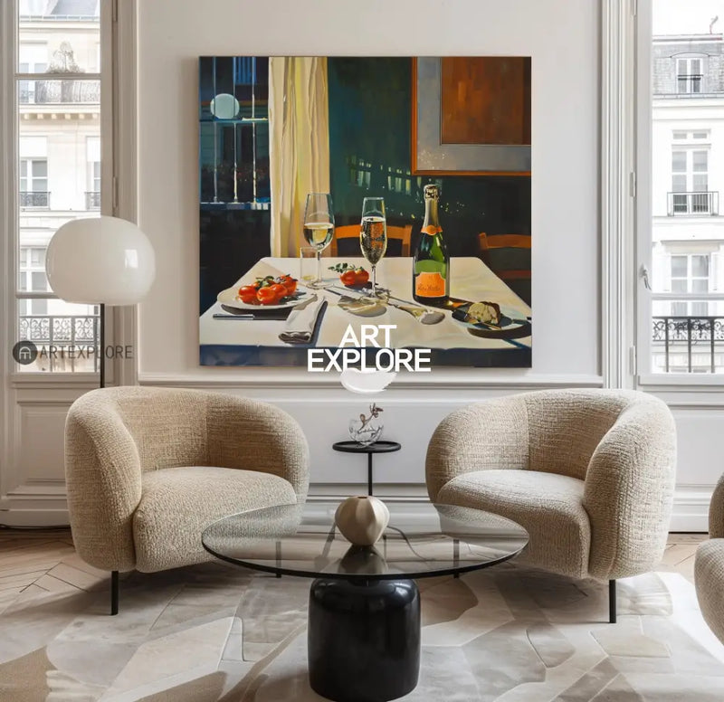 Modern Romantic Candlelight Dinner Canvas Wall Art Social Realism Mid Century Decorations