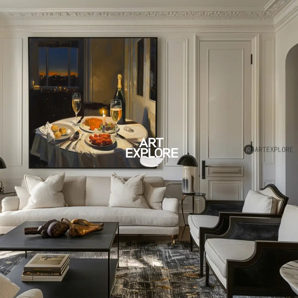 Large American Realism Wall Paintings Large Framed Canvas Art Romantic Candlelight Dinner in New York 