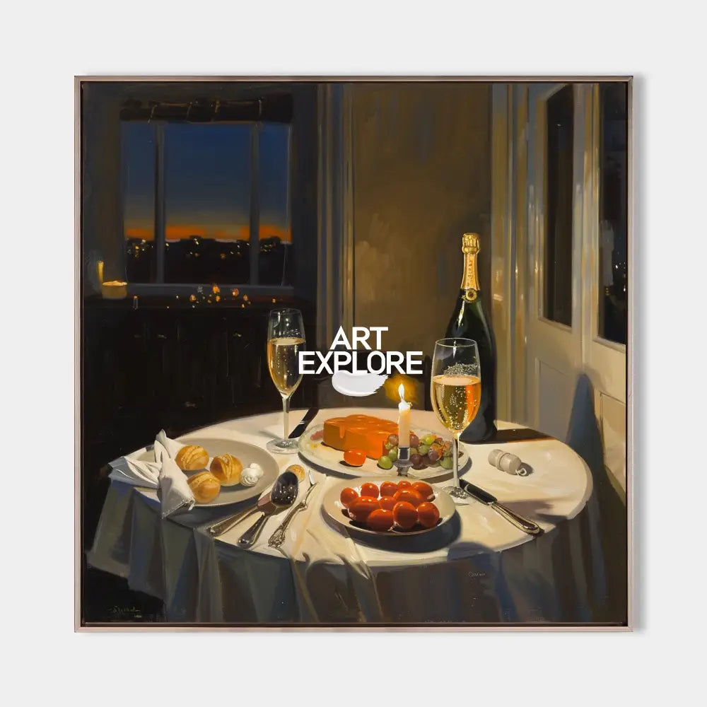 Large American Realism Wall Paintings Large Framed Canvas Art Romantic Candlelight Dinner in New York 