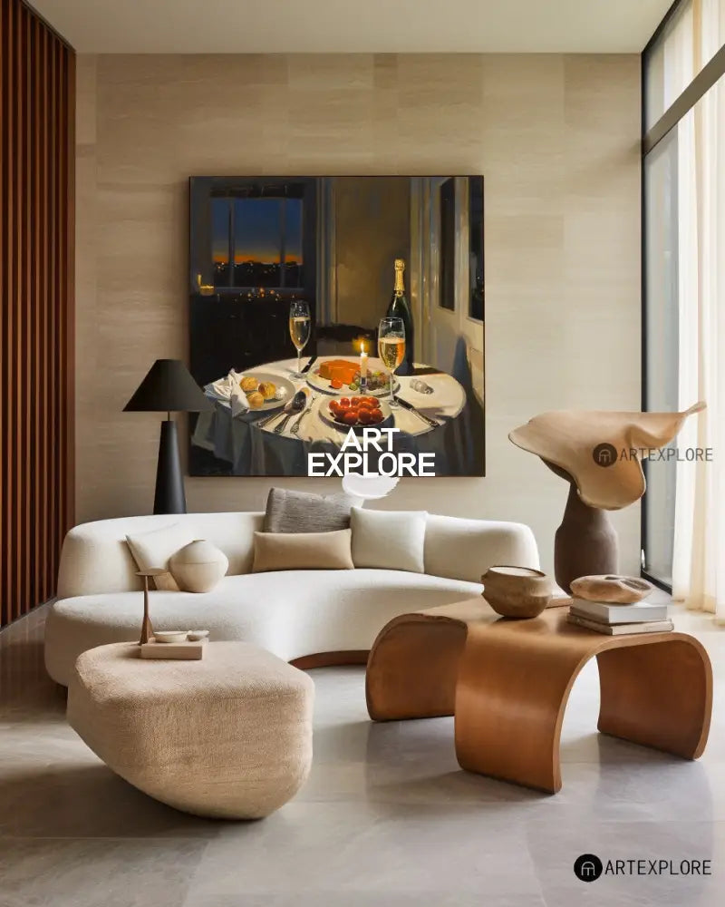 Large American Realism Wall Paintings Large Framed Canvas Art Romantic Candlelight Dinner in New York 