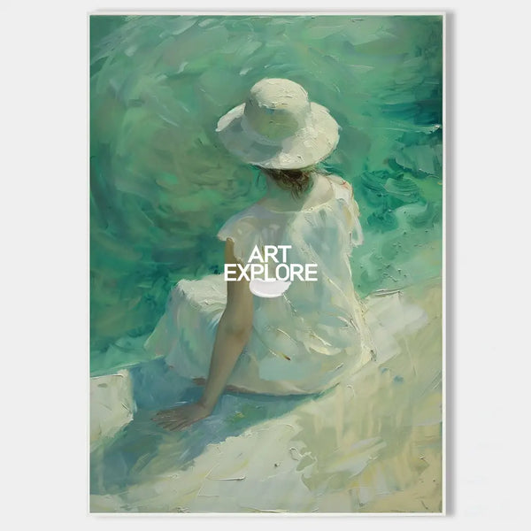 Large Woman's Portrait Oil Painting, Green Beautiful Girl Wall Art For Sale Impressionistic Painting