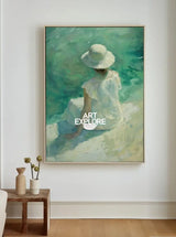 Large Woman's Portrait Oil Painting, Green Beautiful Girl Wall Art For Sale Impressionistic Painting