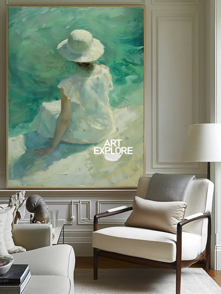 Large Woman's Portrait Oil Painting, Green Beautiful Girl Wall Art For Sale Impressionistic Painting