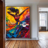 Modern Black Woman Dancing Painting, Beautiful Girl Wall Art Large Colorful Thick Texture Art