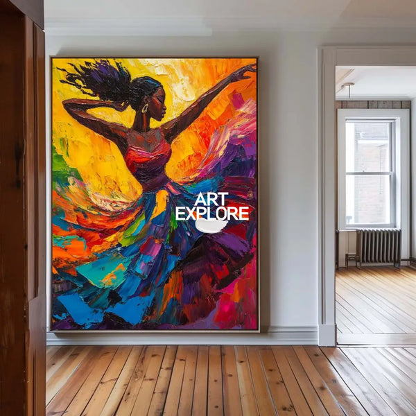 Modern Black Woman Dancing Painting, Beautiful Girl Wall Art Large Colorful Thick Texture Art