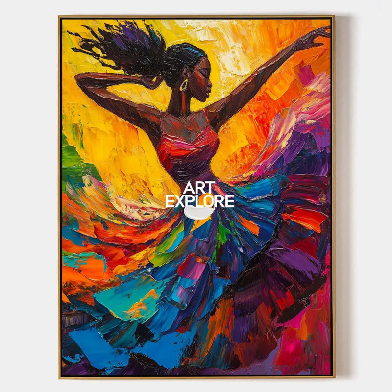 Modern Black Woman Dancing Painting, Beautiful Girl Wall Art Large Colorful Thick Texture Art