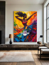 Modern Black Woman Dancing Painting, Beautiful Girl Wall Art Large Colorful Thick Texture Art