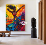 Modern Black Woman Dancing Painting, Beautiful Girl Wall Art Large Colorful Thick Texture Art