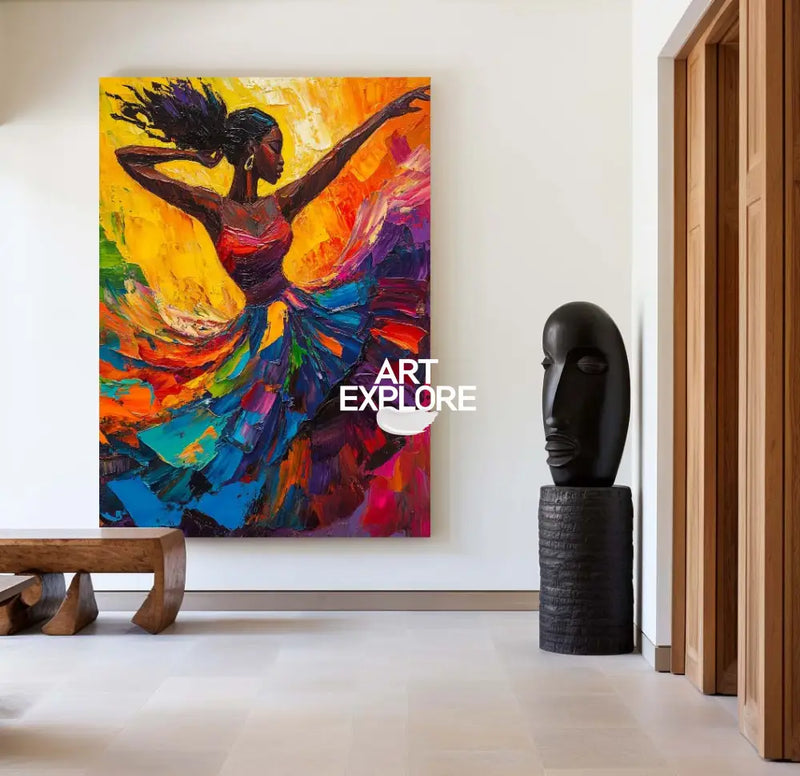 Modern Black Woman Dancing Painting, Beautiful Girl Wall Art Large Colorful Thick Texture Art