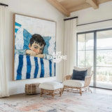 Large Boy's Portrait Oil Painting, Boy with Blue Shirt Wall Art Modern Impressionistic Painting