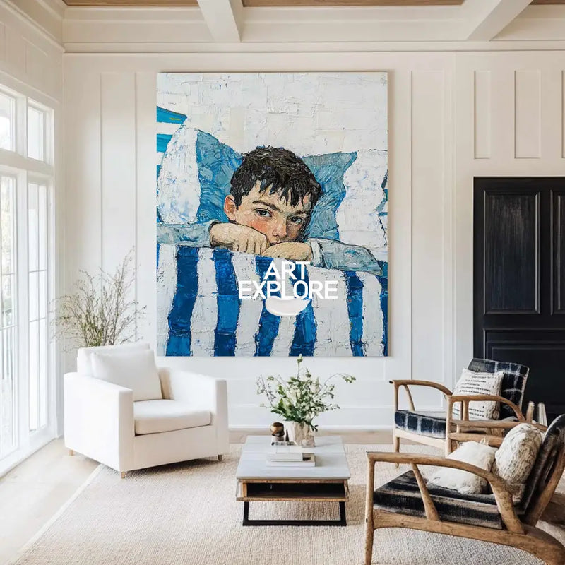 Large Boy's Portrait Oil Painting, Boy with Blue Shirt Wall Art Modern Impressionistic Painting