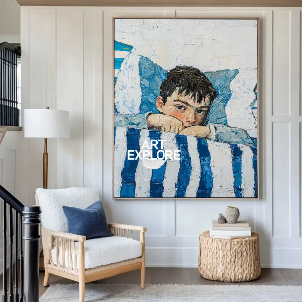 Large Boy's Portrait Oil Painting, Boy with Blue Shirt Wall Art Modern Impressionistic Painting