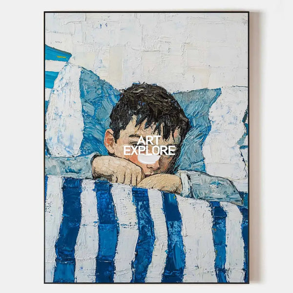 Large Boy's Portrait Oil Painting, Boy with Blue Shirt Wall Art Modern Impressionistic Painting