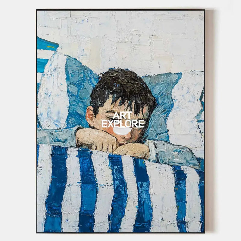Large Boy's Portrait Oil Painting, Boy with Blue Shirt Wall Art Modern Impressionistic Painting