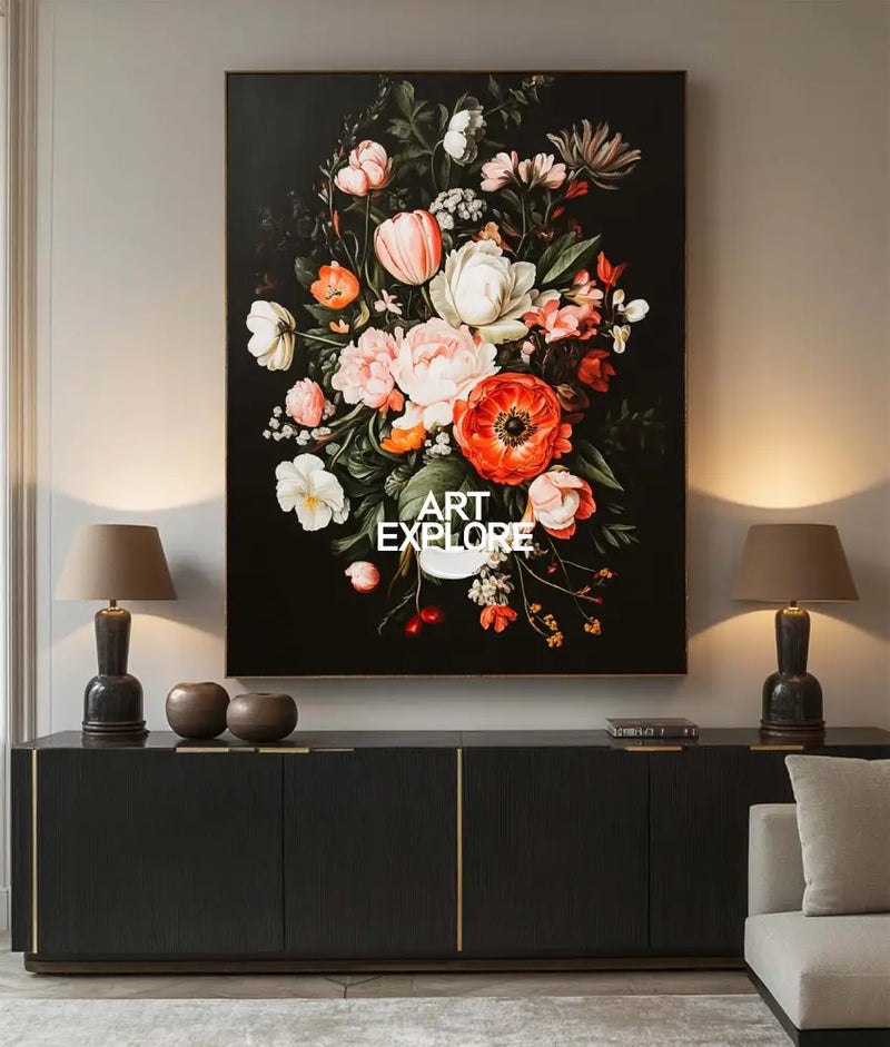 Modern Retro floral art Large pair of Baroque-style floral Flowers Impressionistic Painting For Sale