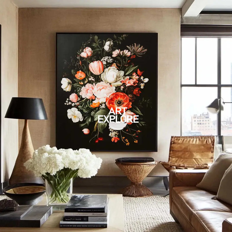 Modern Retro floral art Large pair of Baroque-style floral Flowers Impressionistic Painting For Sale