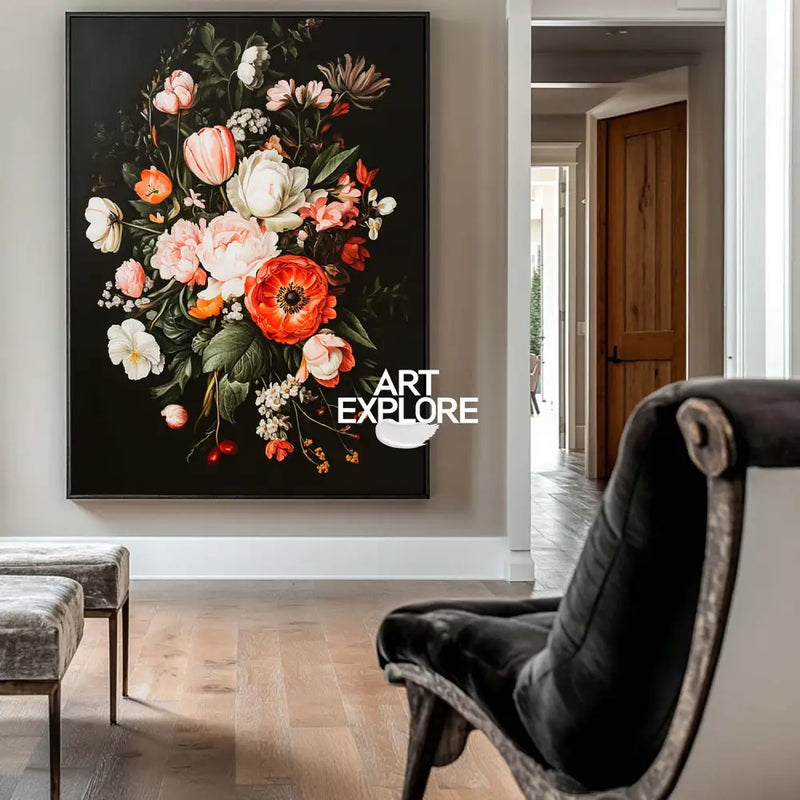 Modern Retro floral art Large pair of Baroque-style floral Flowers Impressionistic Painting For Sale
