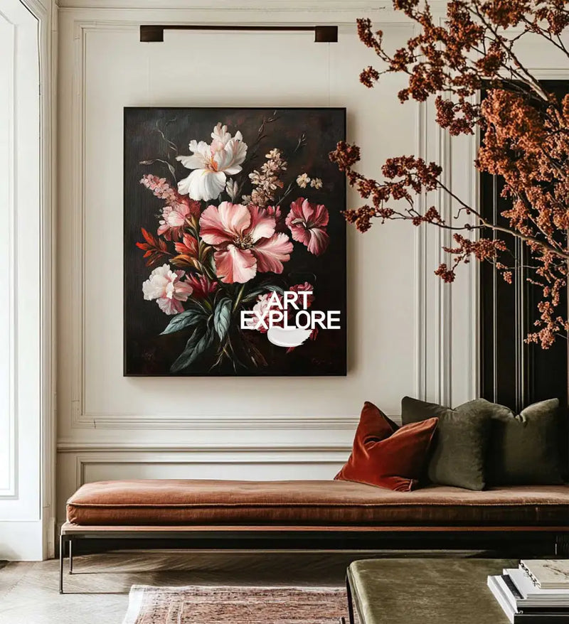 Large Black Retro floral art Modern Baroque Floral Painting Flower Impressionistic Wall Art For Sale