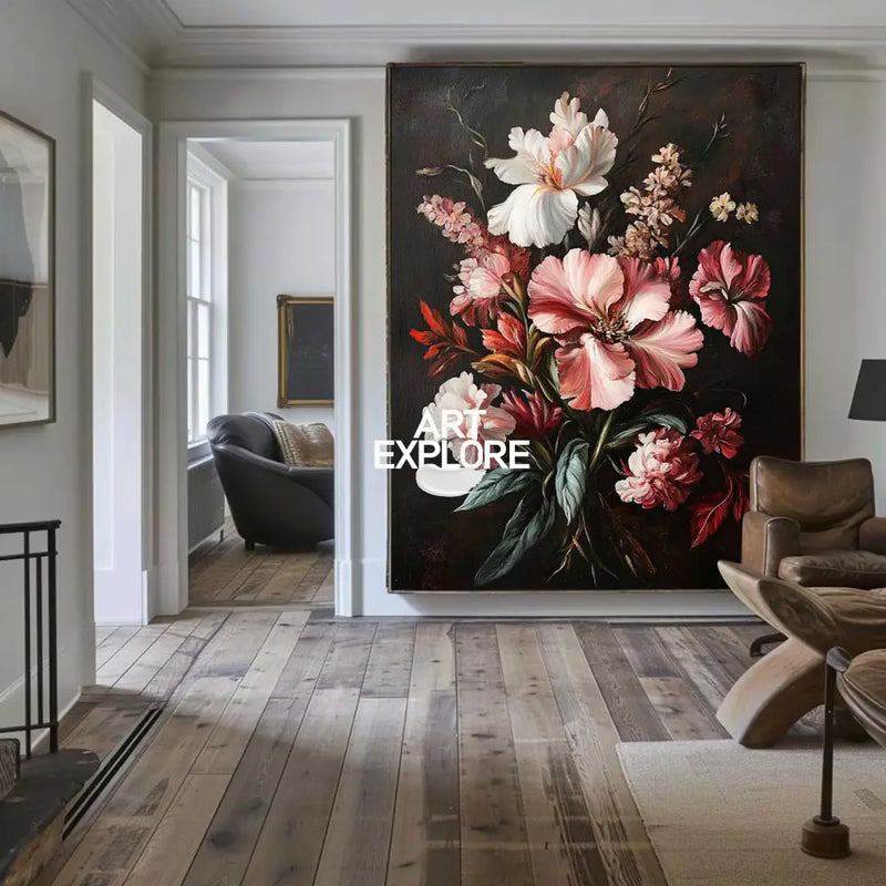 Large Black Retro floral art Modern Baroque Floral Painting Flower Impressionistic Wall Art For Sale