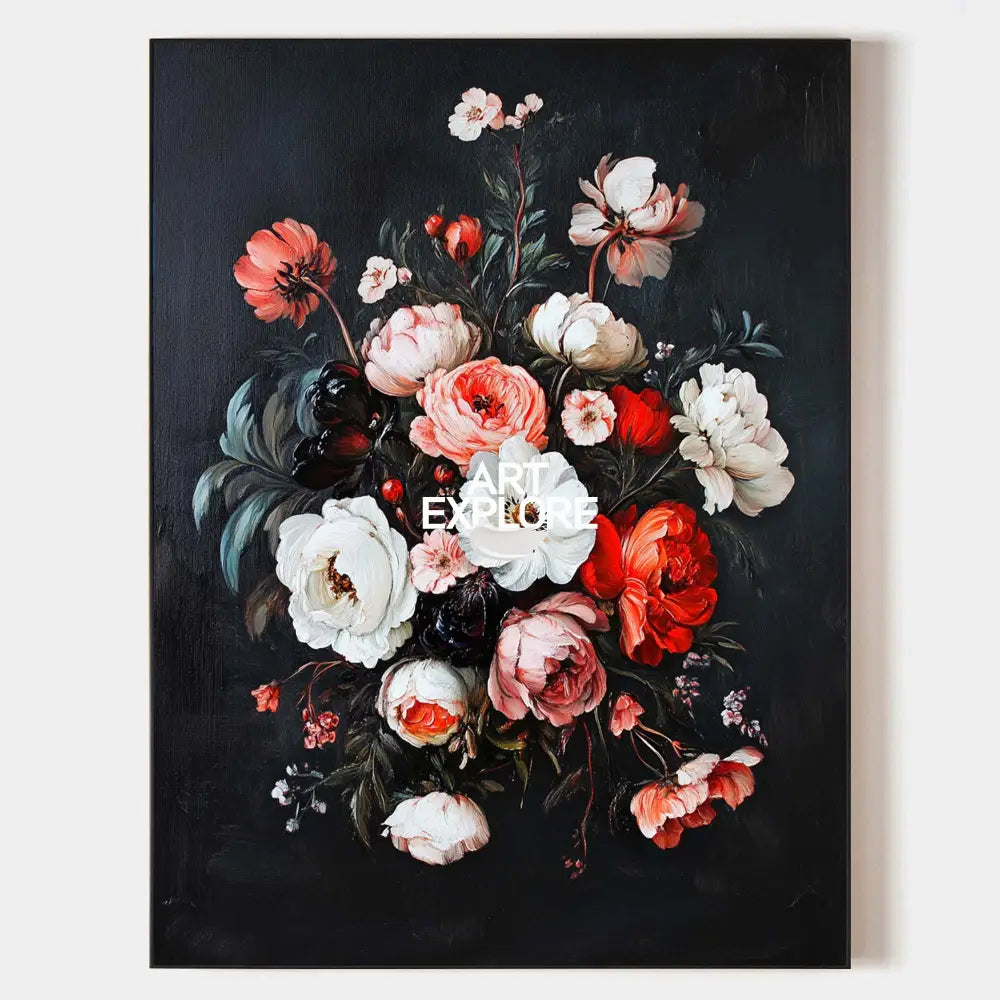 Modern Black Bouquet Oil Painting Modern Baroque Floral Painting Flower Canvas Wall Art For Sale