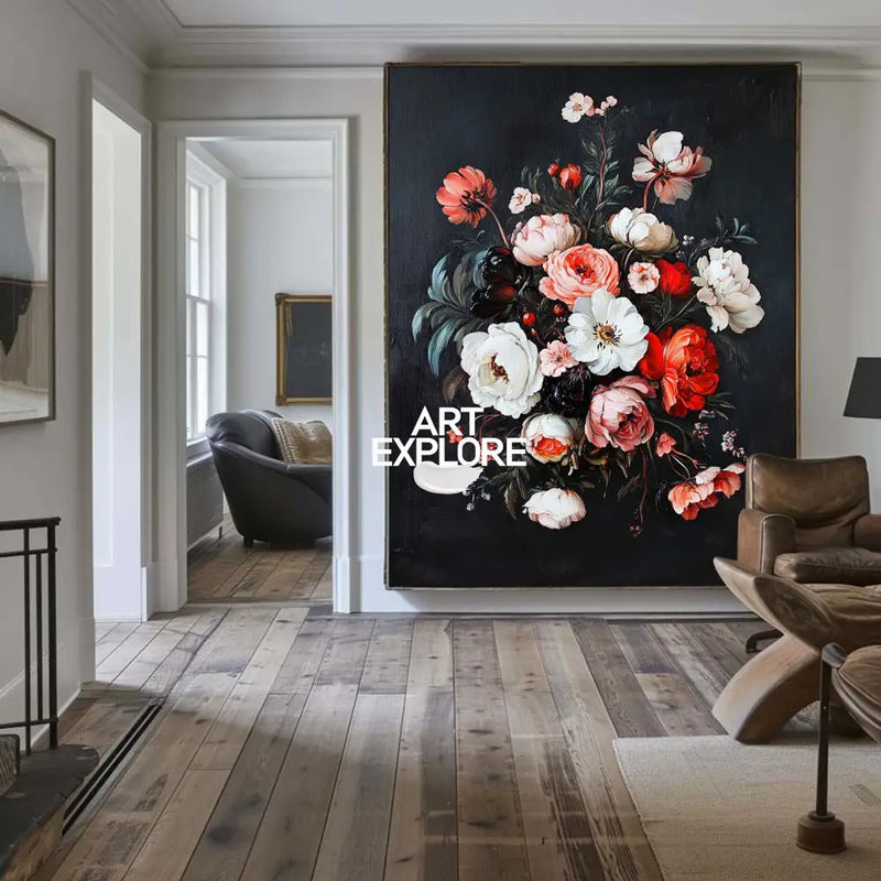 Modern Black Bouquet Oil Painting Modern Baroque Floral Painting Flower Canvas Wall Art For Sale