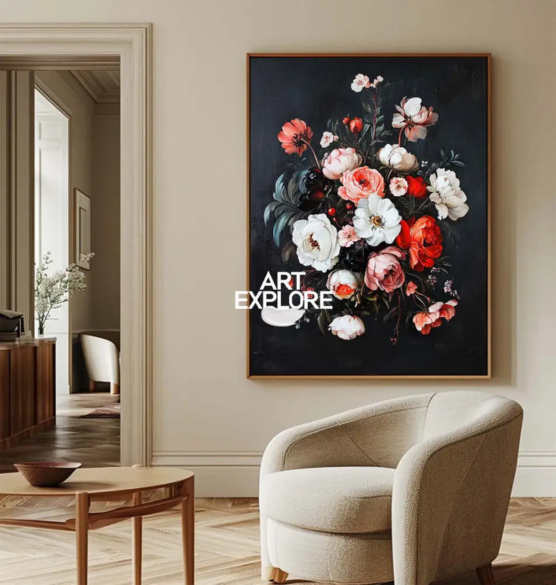 Modern Black Bouquet Oil Painting Modern Baroque Floral Painting Flower Canvas Wall Art For Sale