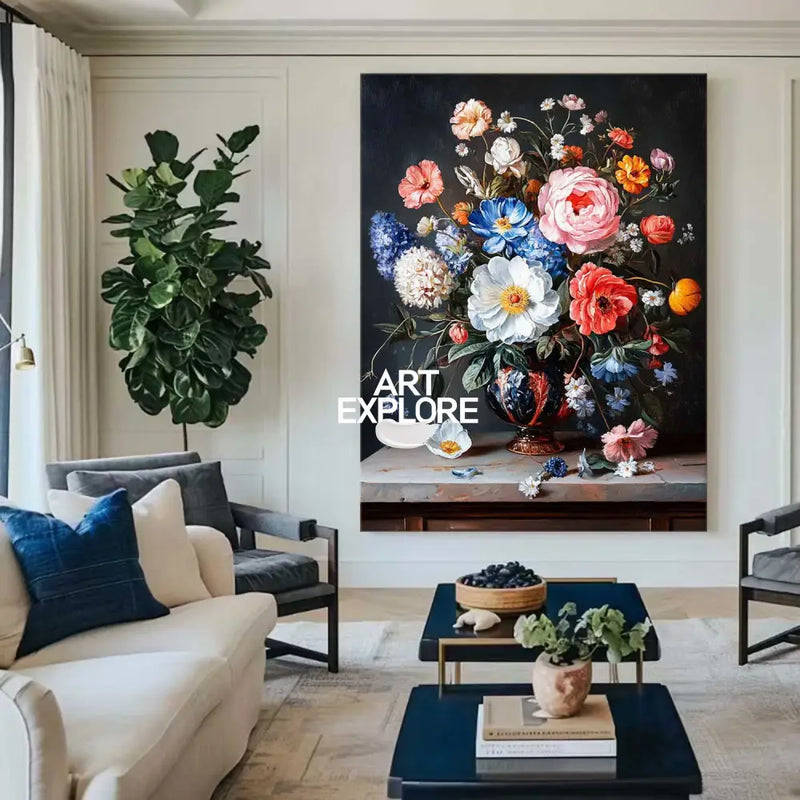 Black Bouquet Oil Painting Modern Baroque Floral Painting Flower Canvas Wall Art Livingroom Wall Art