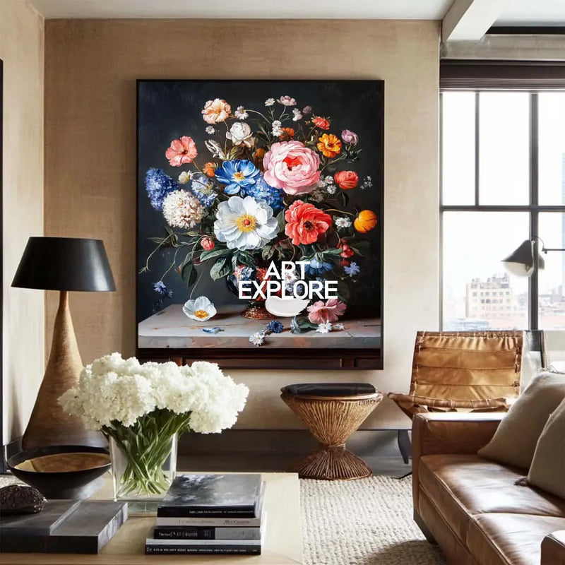 Black Bouquet Oil Painting Modern Baroque Floral Painting Flower Canvas Wall Art Livingroom Wall Art