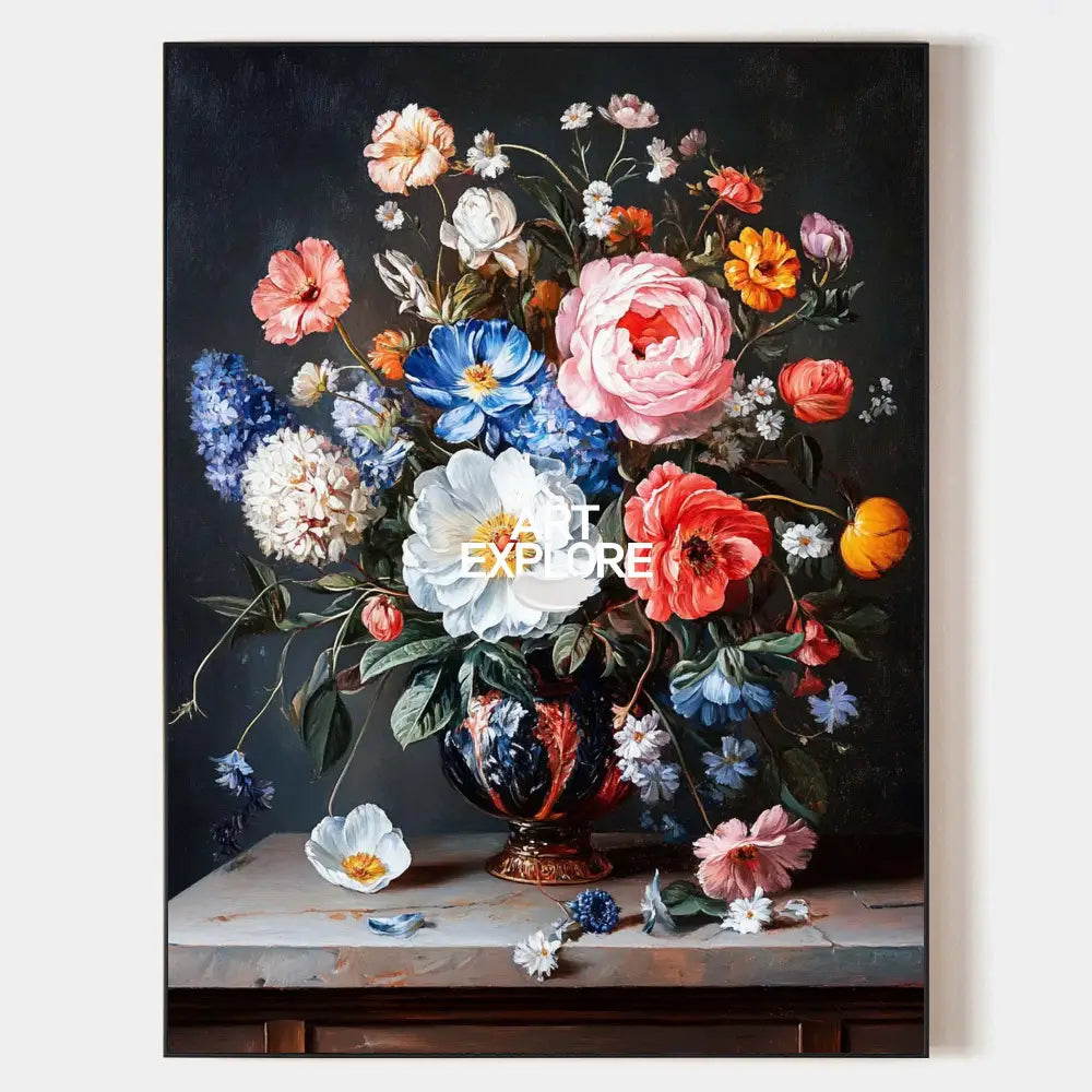 Black Bouquet Oil Painting Modern Baroque Floral Painting Flower Canvas Wall Art Livingroom Wall Art