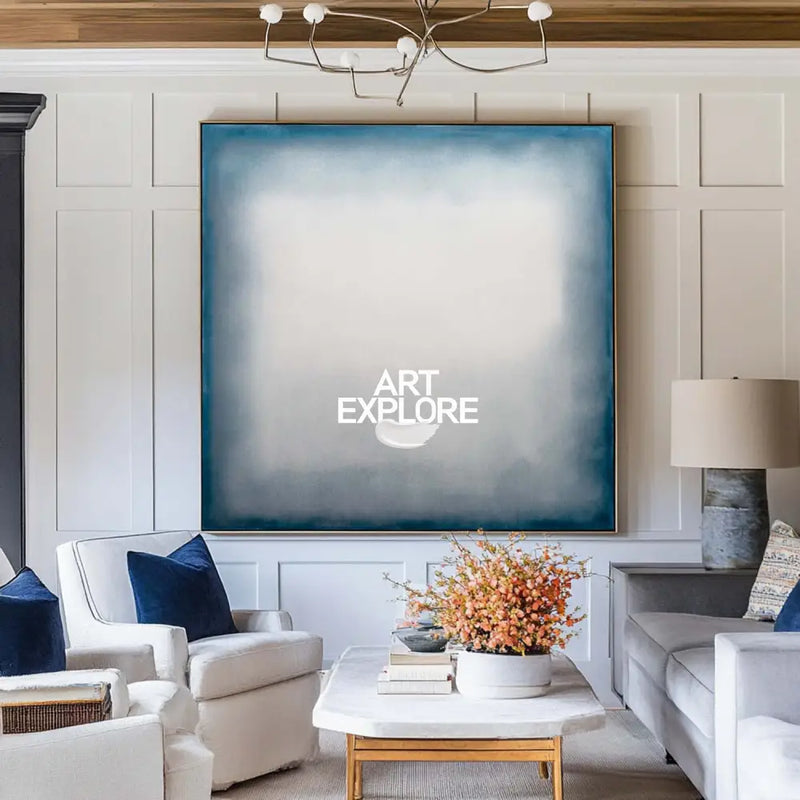 Large Blue Minimalist Oil Painting for Living Room | Modern Wabi-Sabi Art - ArtExplore