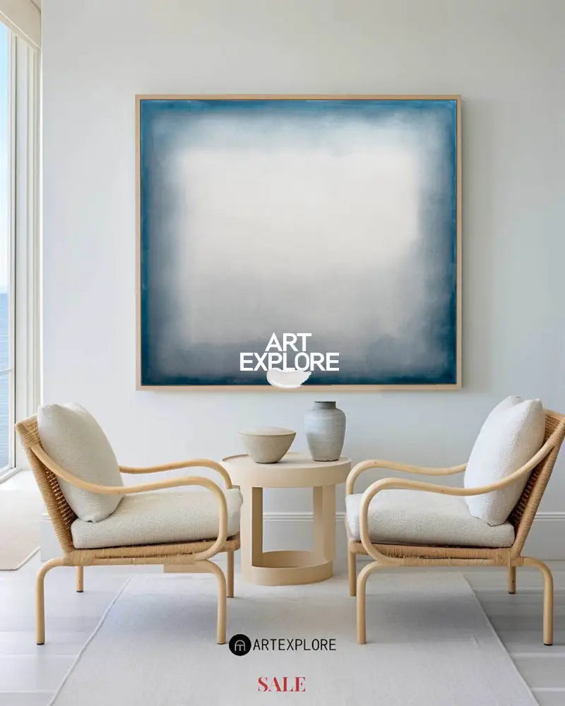 Large Blue Minimalist Oil Painting for Living Room | Modern Wabi-Sabi Art - ArtExplore