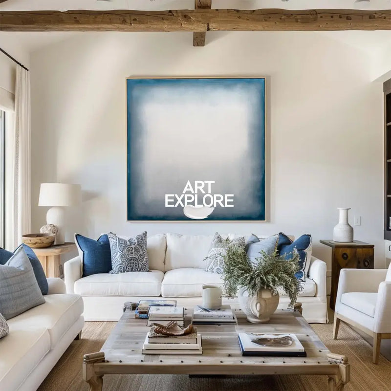 Large Blue Minimalist Oil Painting for Living Room | Modern Wabi-Sabi Art - ArtExplore