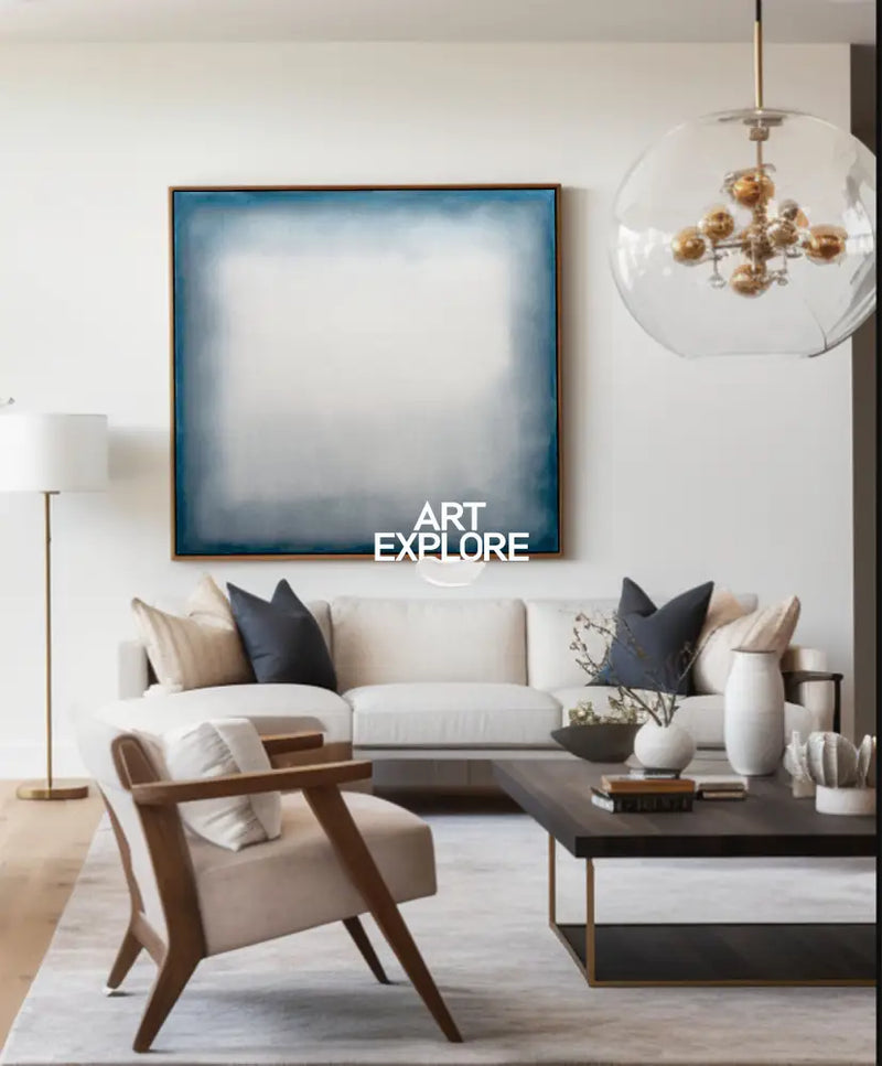Large Blue Minimalist Oil Painting for Living Room | Modern Wabi-Sabi Art - ArtExplore