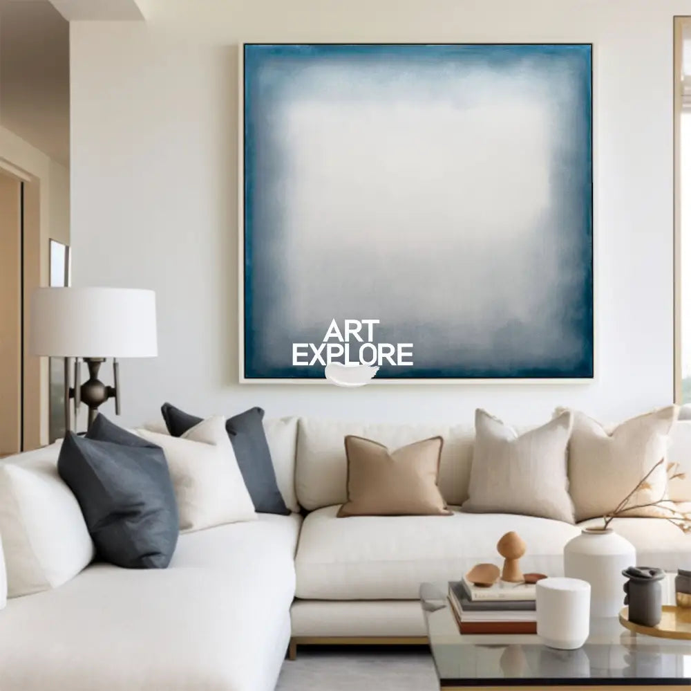 Large Blue Minimalist Oil Painting for Living Room | Modern Wabi-Sabi Art - ArtExplore
