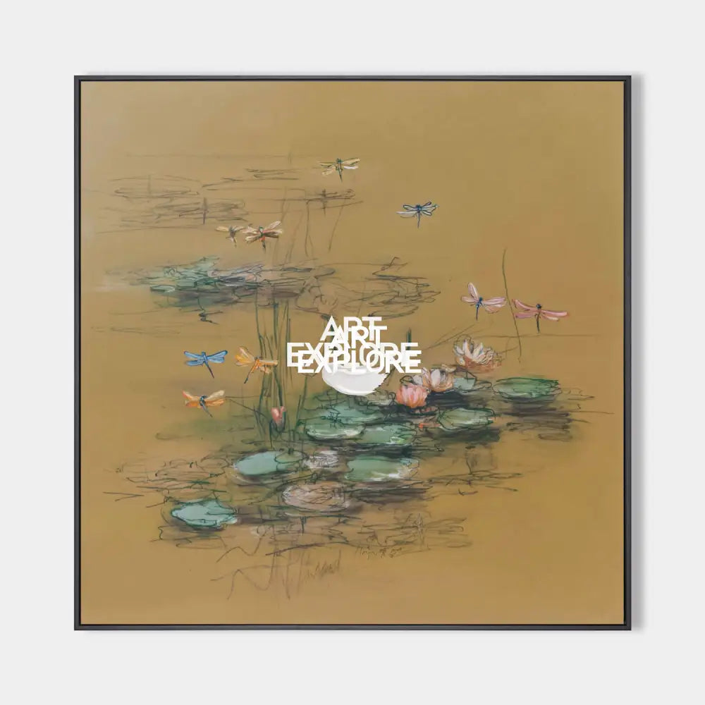 Modern Lotus Pond Painting | Large Square Handmade Wall Art - ArtExplore