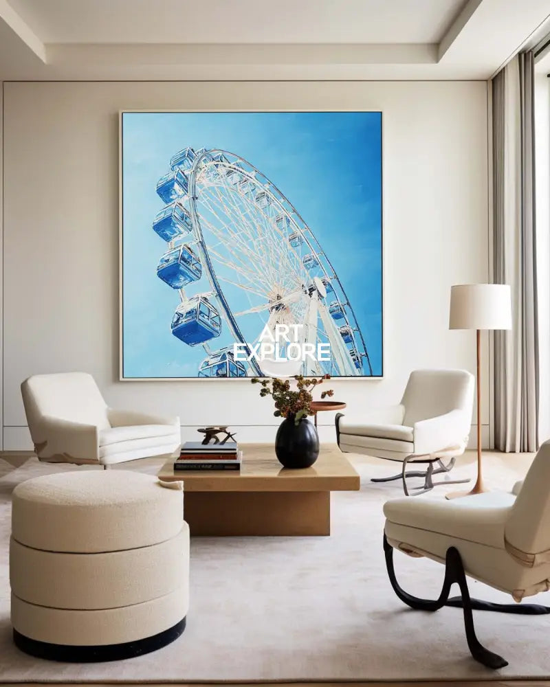 Large Blue Ferris Wheel Art Painting Blue Textured Wall Art Painting Modern Living Room Wall Art 