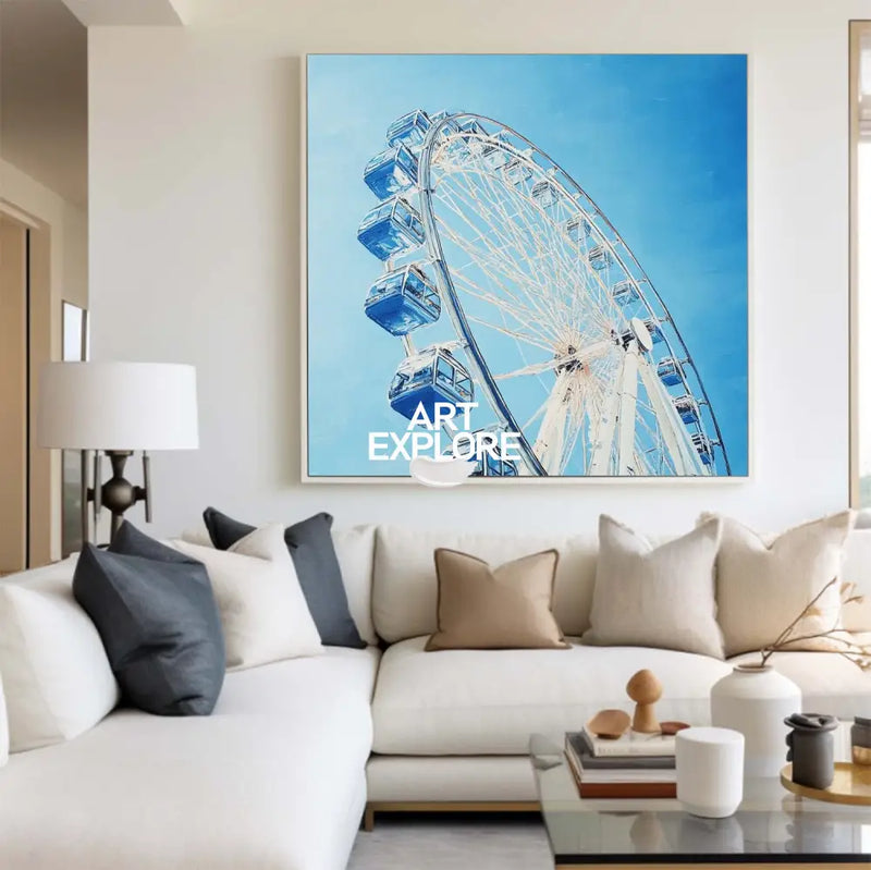 Large Blue Ferris Wheel Art Painting Blue Textured Wall Art Painting Modern Living Room Wall Art 