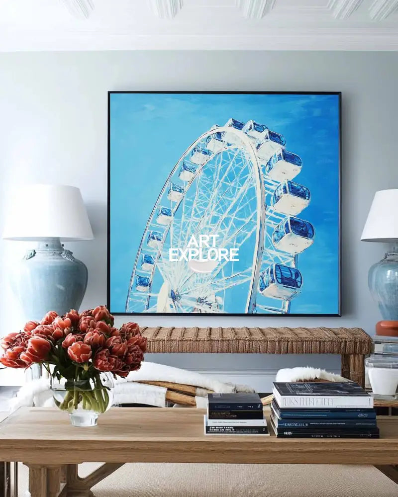Modern Blue Ferris Wheel Art Painting Blue Sky & Ferris Wheel Wall Art Modern Wall Art For Sale