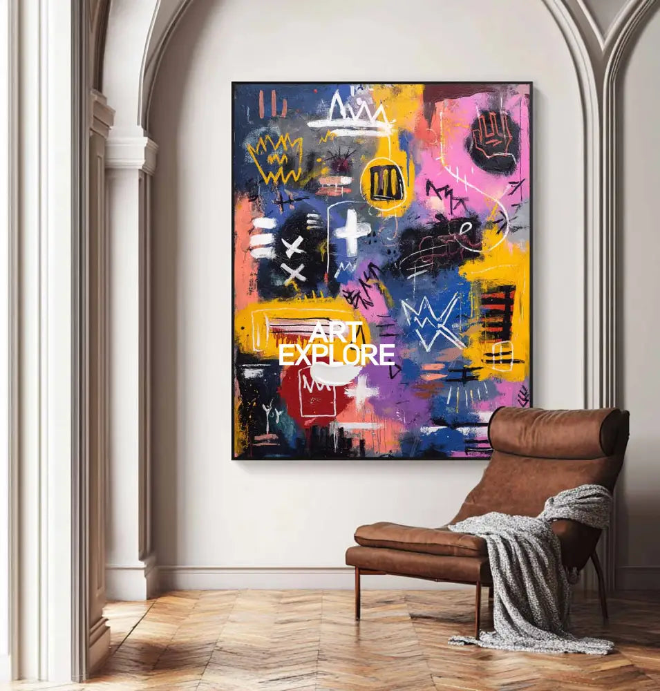 Large Colorful Graffiti Paintings Basquiat Handcrafted Artworks Modern Graffiti Art for Sale