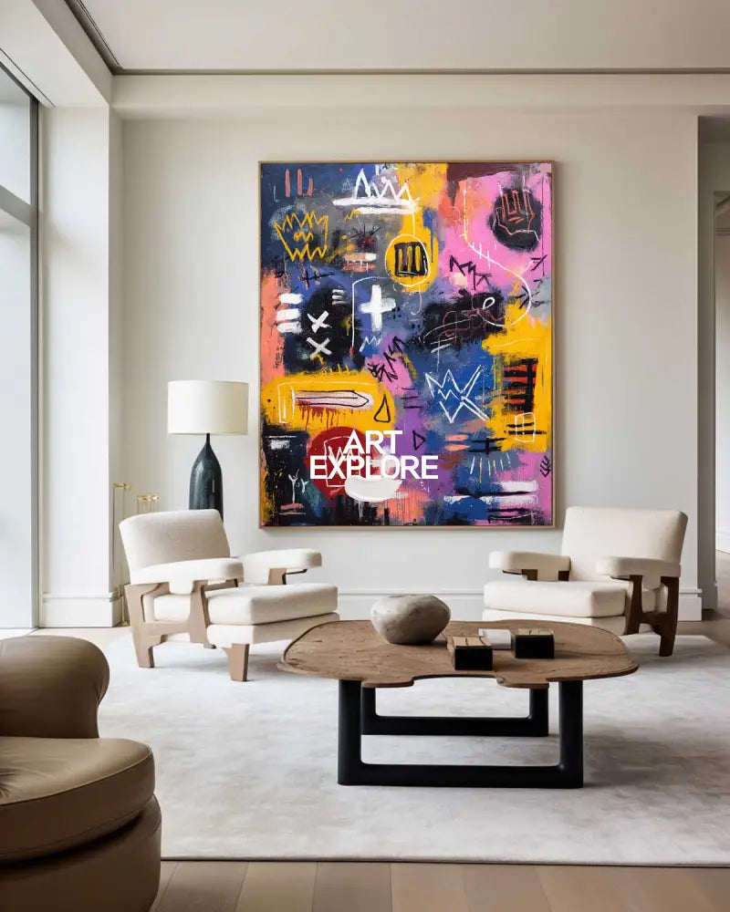 Large Colorful Graffiti Paintings Basquiat Handcrafted Artworks Modern Graffiti Art for Lounge