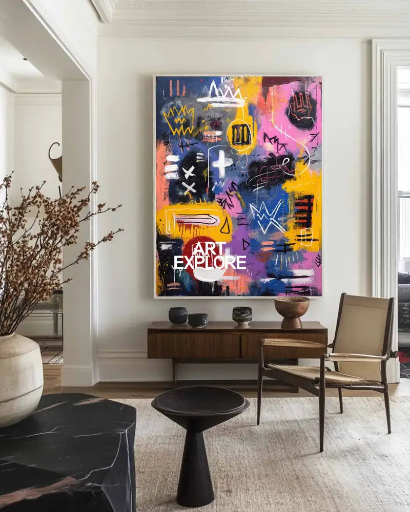 Large Colorful Graffiti Paintings Basquiat Handcrafted Artworks Modern Graffiti Art for Lounge