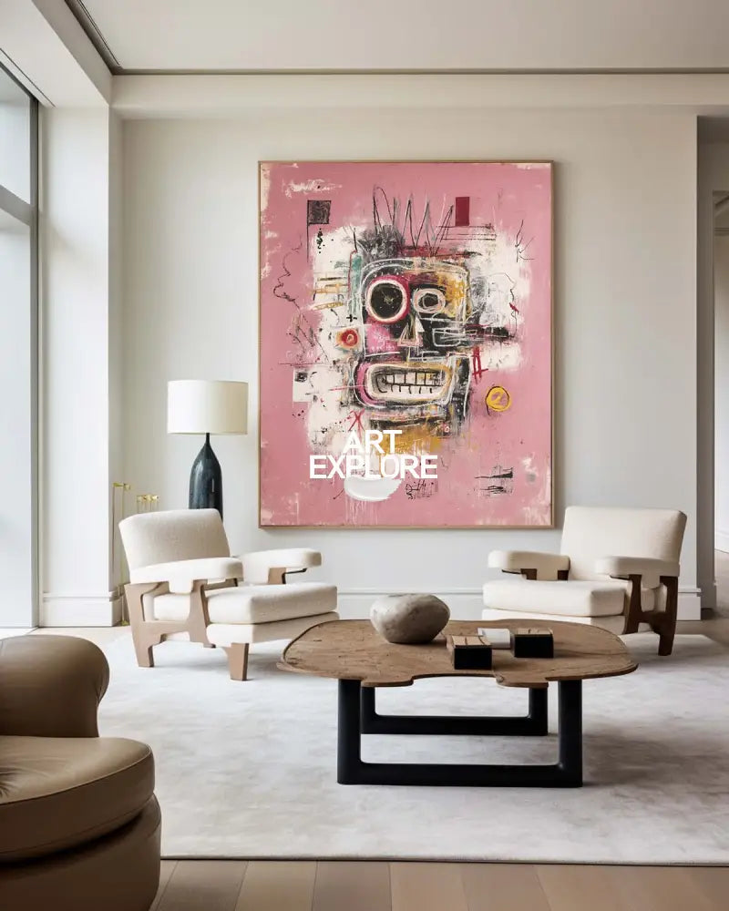 Original Pink Graffiti Paintings Large Basquiat Handcrafted Wall Art Modern Graffiti Art for Office