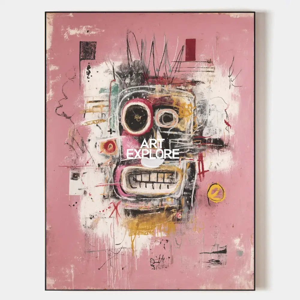 Original Pink Graffiti Paintings Large Basquiat Handcrafted Wall Art Modern Graffiti Art for Office