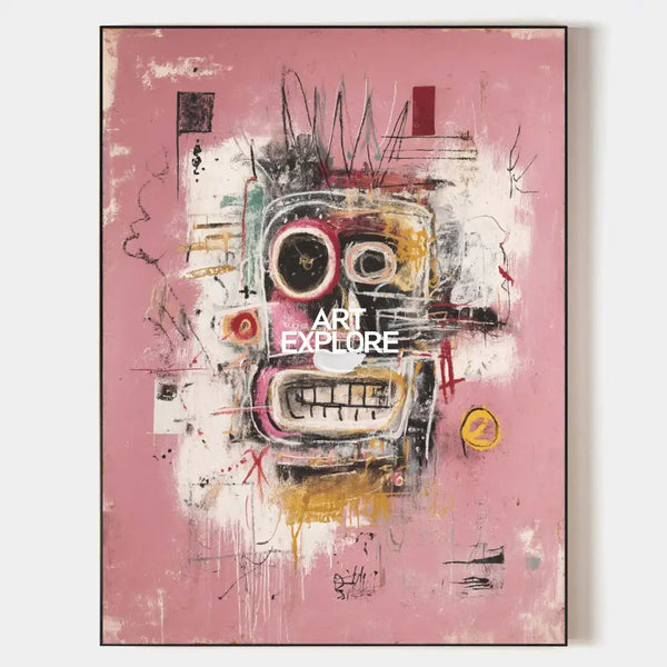 Original Pink Graffiti Paintings Large Basquiat Handcrafted Wall Art Modern Graffiti Art for Office