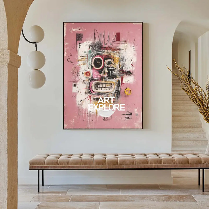 Original Pink Graffiti Paintings Large Basquiat Handcrafted Wall Art Modern Graffiti Art for Entry Way
