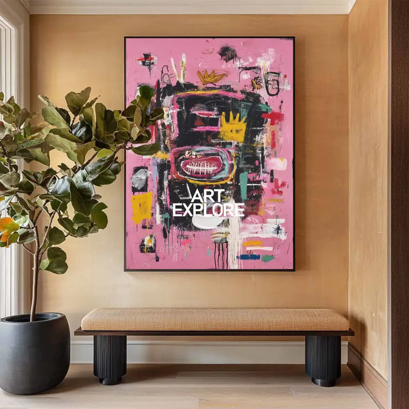 Large Pink Wall Art Abstract Graffiti Painting Jean-Michel Basquiat Abstract Graffiti Art Street Artwork